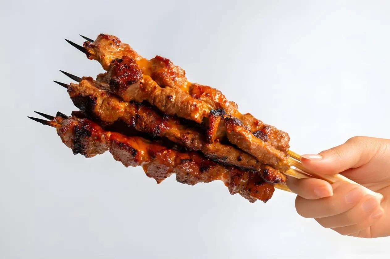 Juicy glazed grilled meat skewers with charred, savory coating at Foodie BBQ & Bar, a Chinese Restaurant in New York